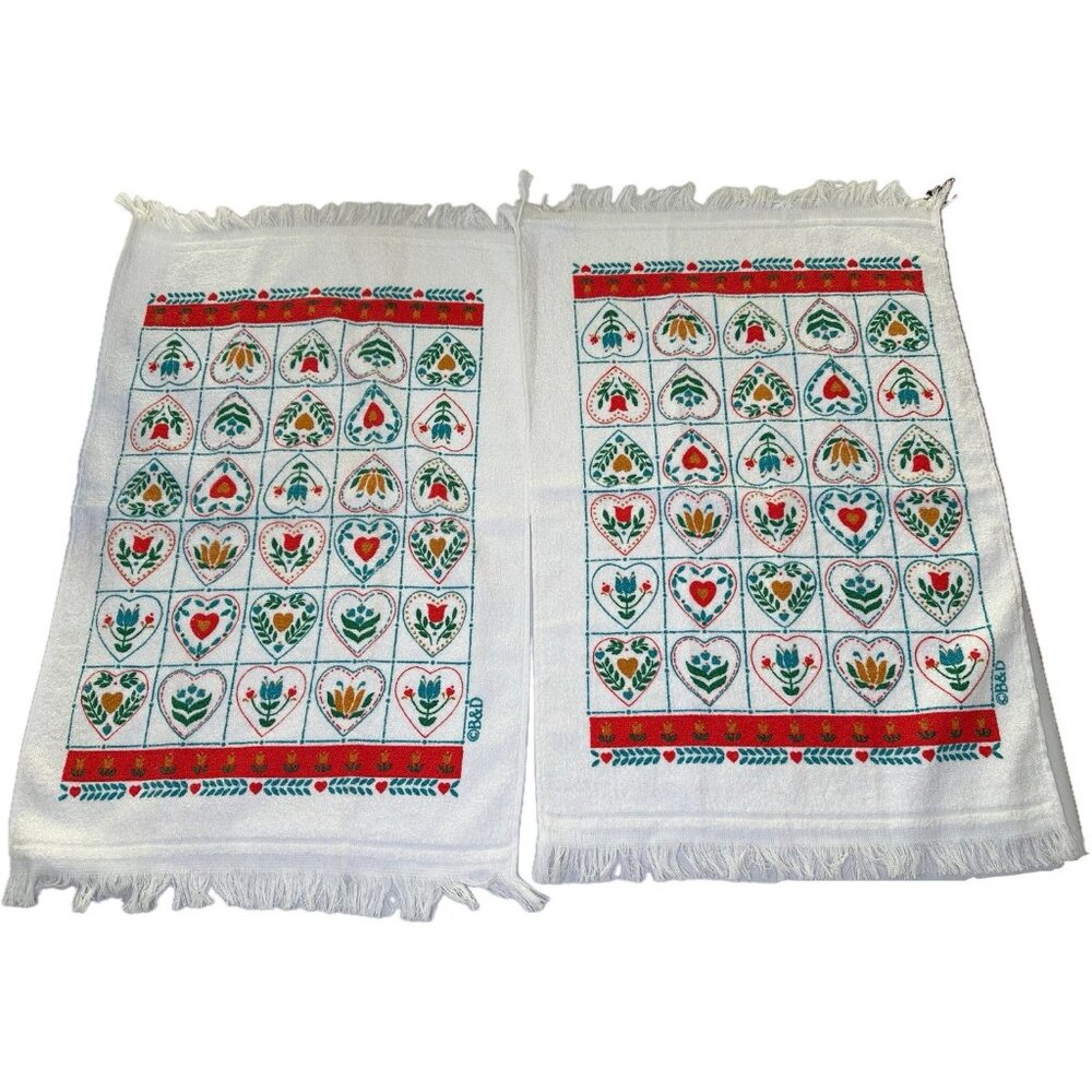 Vintage B & D Hearts Fringe Trim Terry Kitchen Tea Towels Set Of Two USA